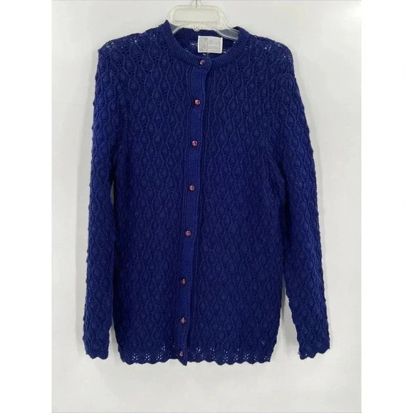 Vintage Billie Jo Classic Open Blue Knit Cardigan Sweater Red Buttons Medium - Picture 1 of 7